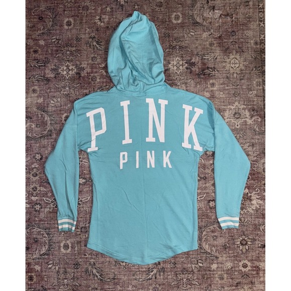 PINK Victoria's Secret Tops - PINK Victoria's Secret Aqua Blue Oversized Hoodie Sweatshirt XS Pullover Logo
